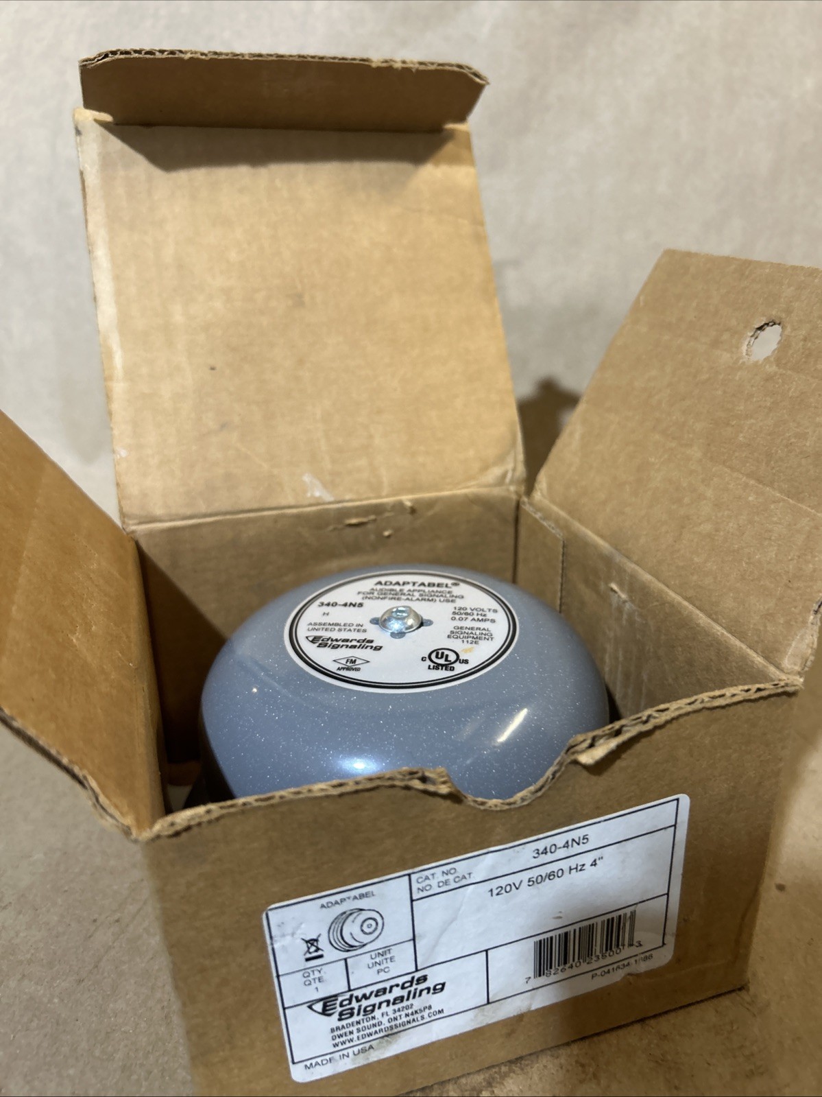 Edwards Signaling 340-4N5 Adaptabel Continuous Audible Vibrating Bell 120V 0.07A