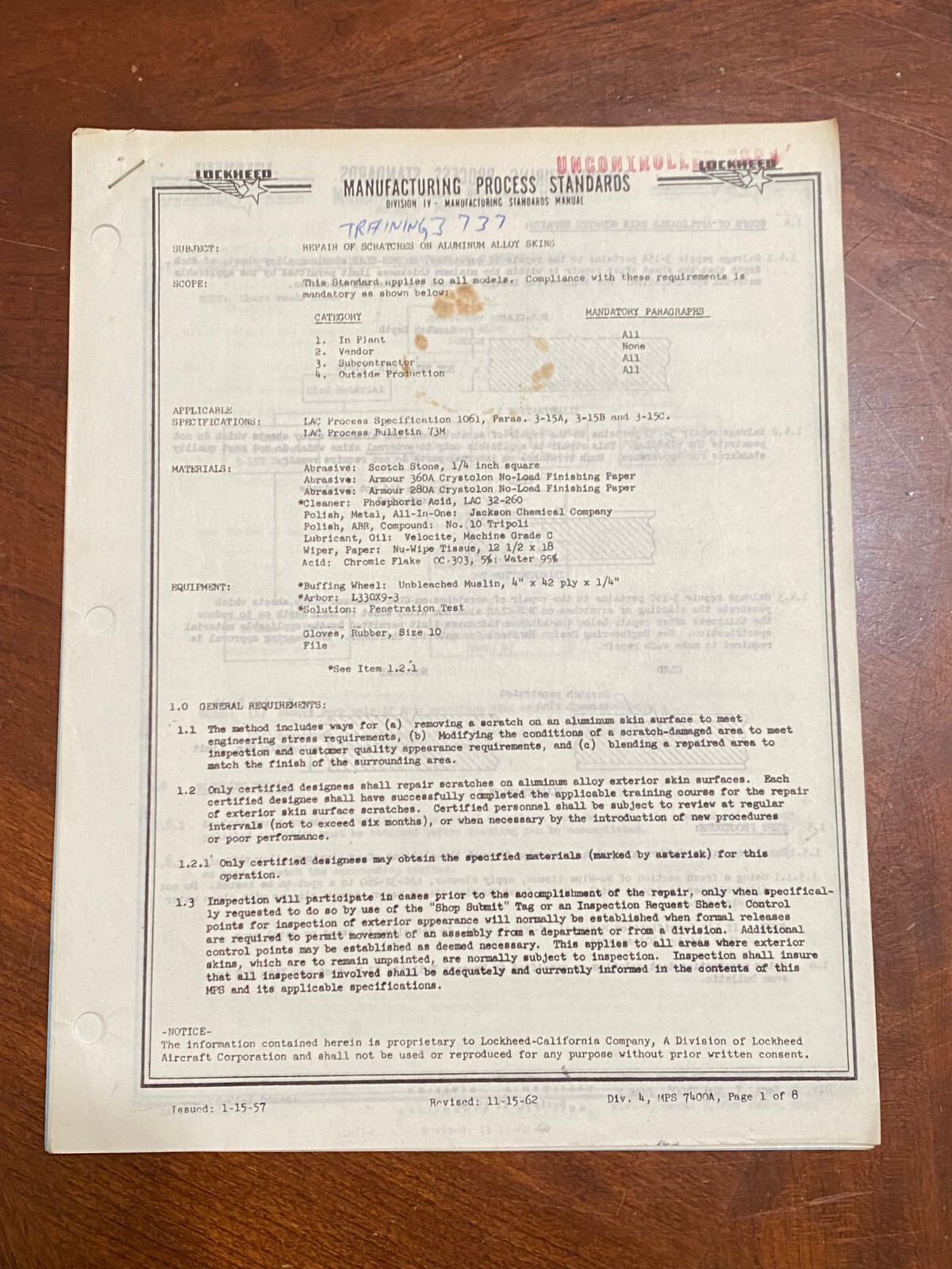 Original 1962 Lockheed Aircraft Aluminum Alloy Skin Scratch Repair Procedure