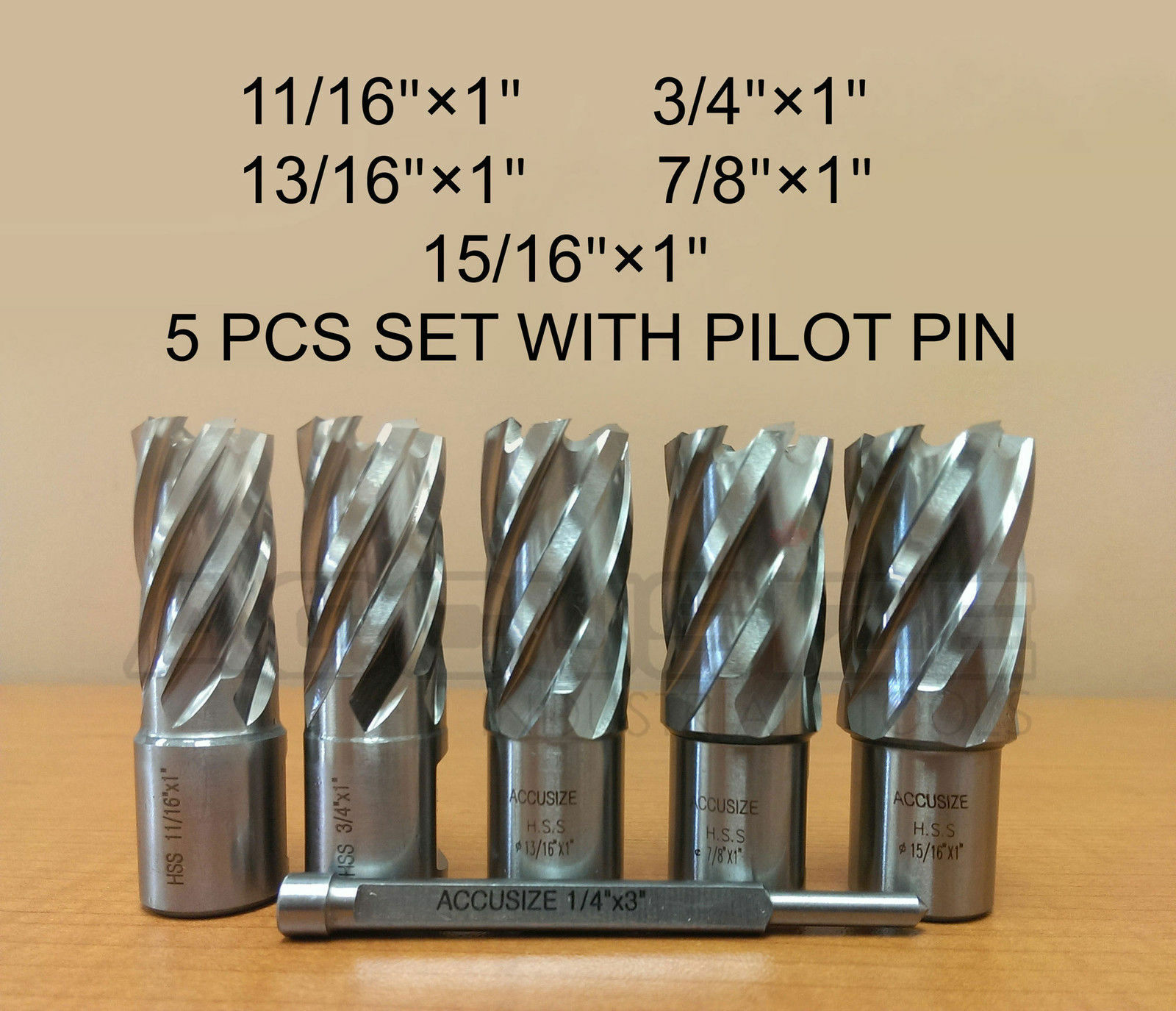 5 Ps/Set 11/16" to 15/16" HSS Annular Cutters 1" Cutting Depth w/ Pilot Pin, #G1