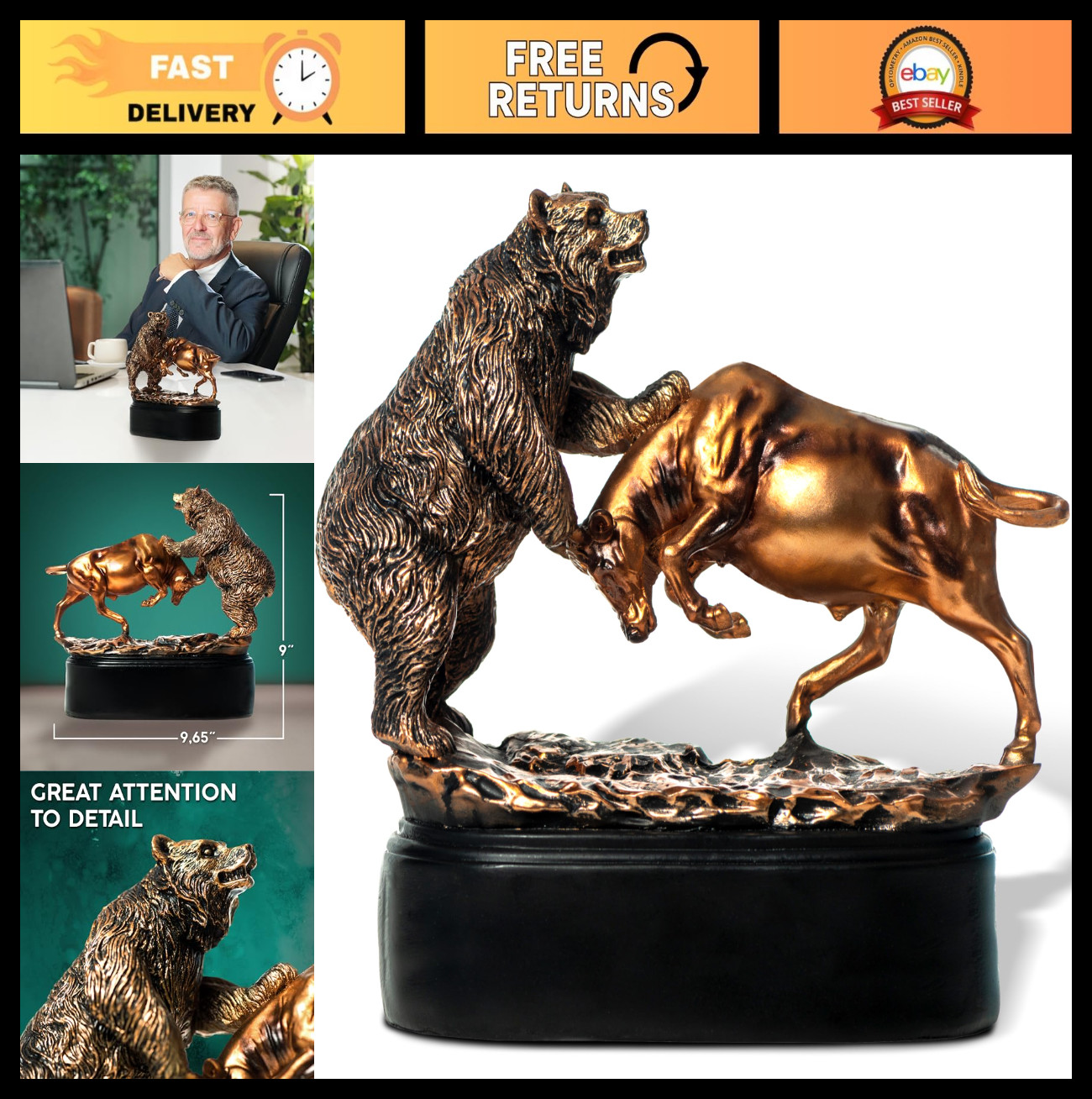 Bull and Bear Statue Wall Street Figurine 9x9.5 Stock Market Decor Resin Sculptu