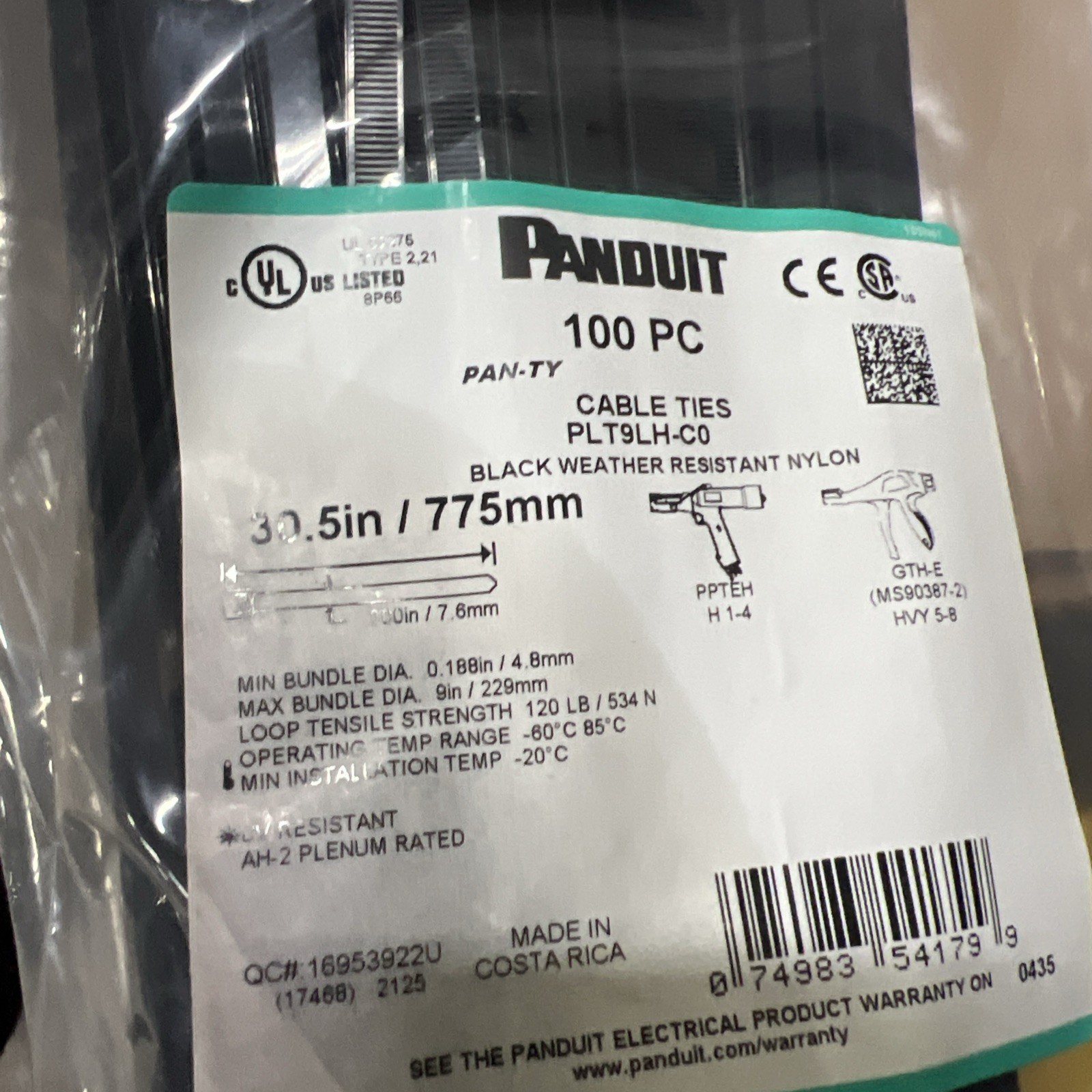 100pc Bag Panduit UV Resistant 30.5" Nylon 120 lb Cable Zip Ties PLT9LH-C0 (I1)