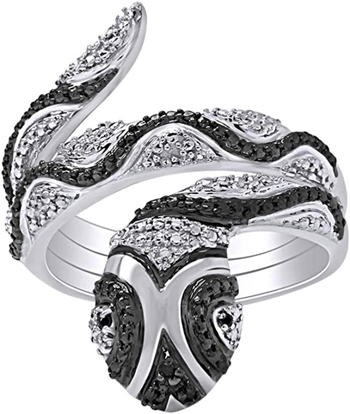 Round Black Real Diamond Accent Snake Band Ring 14K Gold Plated Sterling Silver