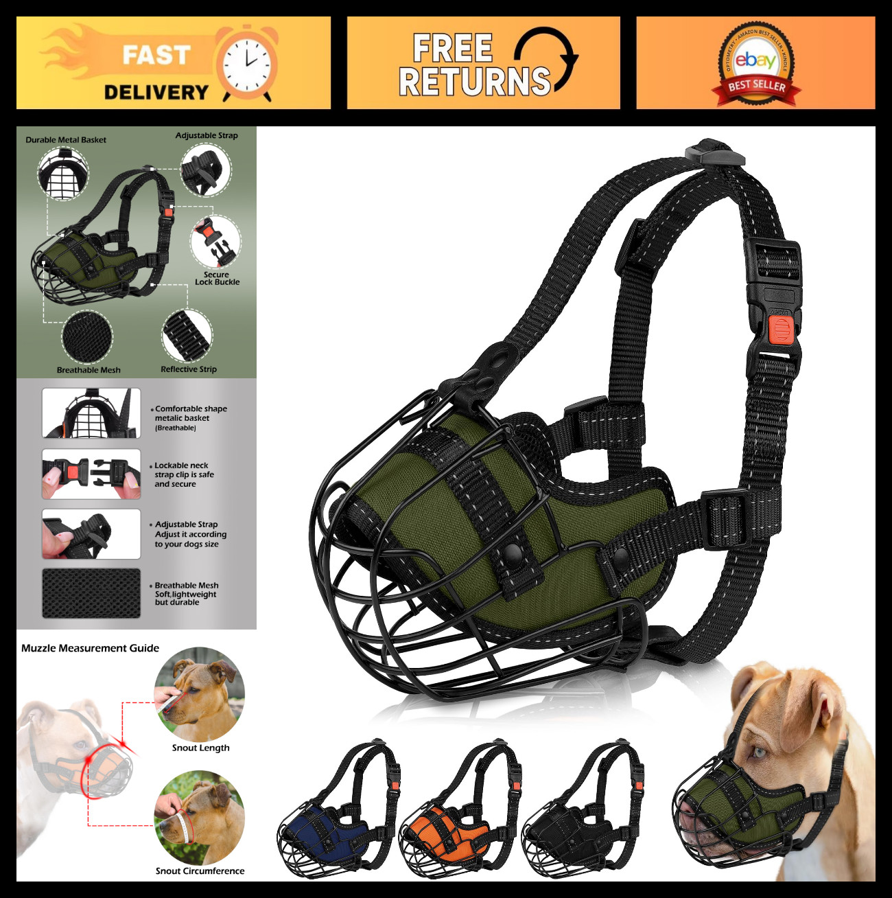 Reflective Metal Dog Muzzle for Large Breeds - Secure Wire Basket, Adjustable St