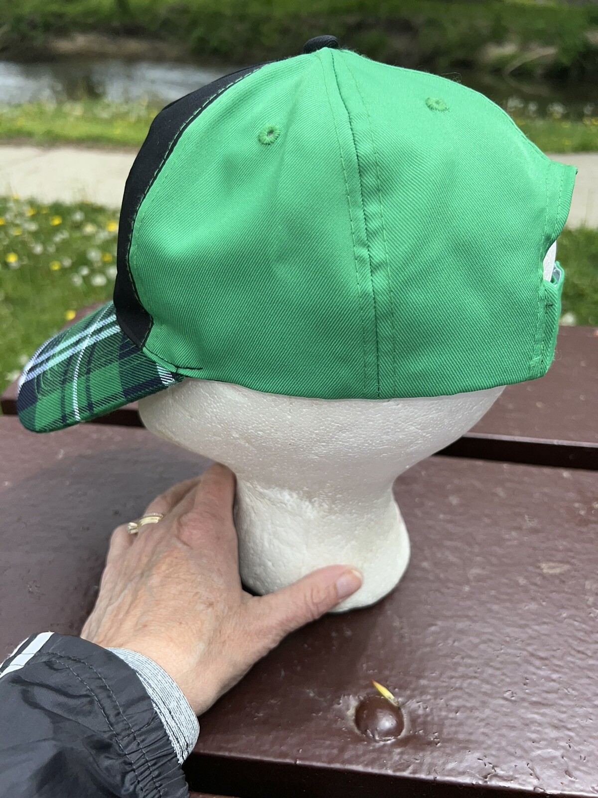 Green/ Black Plaid Shamrock Plaid bill on Hat Cap Hook Loop EUC