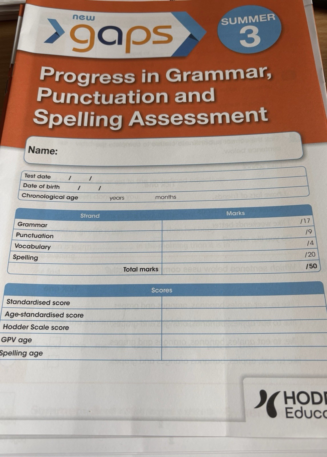GAPS. Grammar Spelling Punctuation Assessment. Summer Year 3. New With Answers.