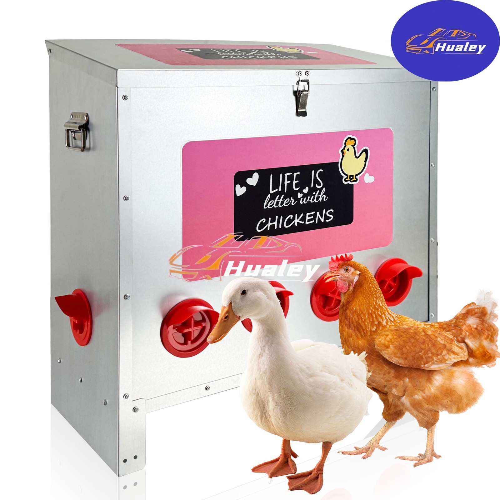 Galvanized Metal Chicken Coop Feeder, 85-120lb Large Capacity 10 No-Waste Ports