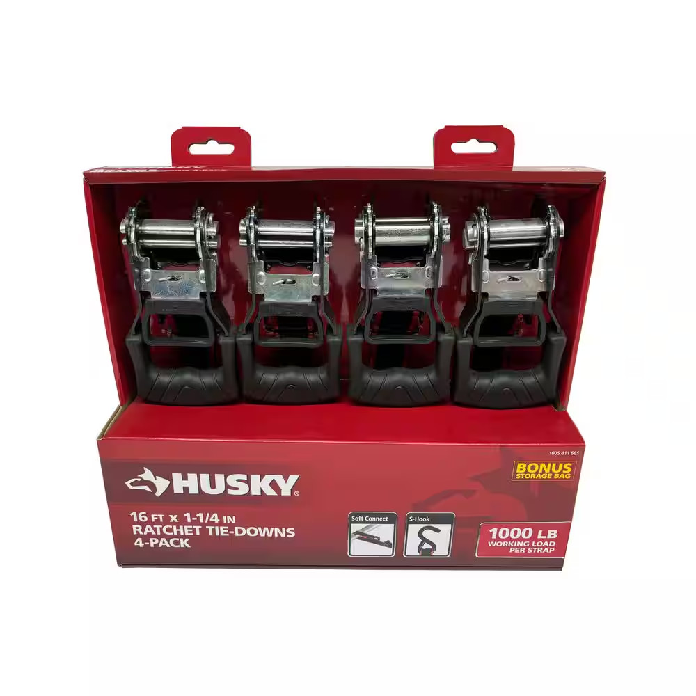 Husky Ratchet Tie Down Straps 16 ft x 1.25 in 3000 lb Break Strength 4 Pack