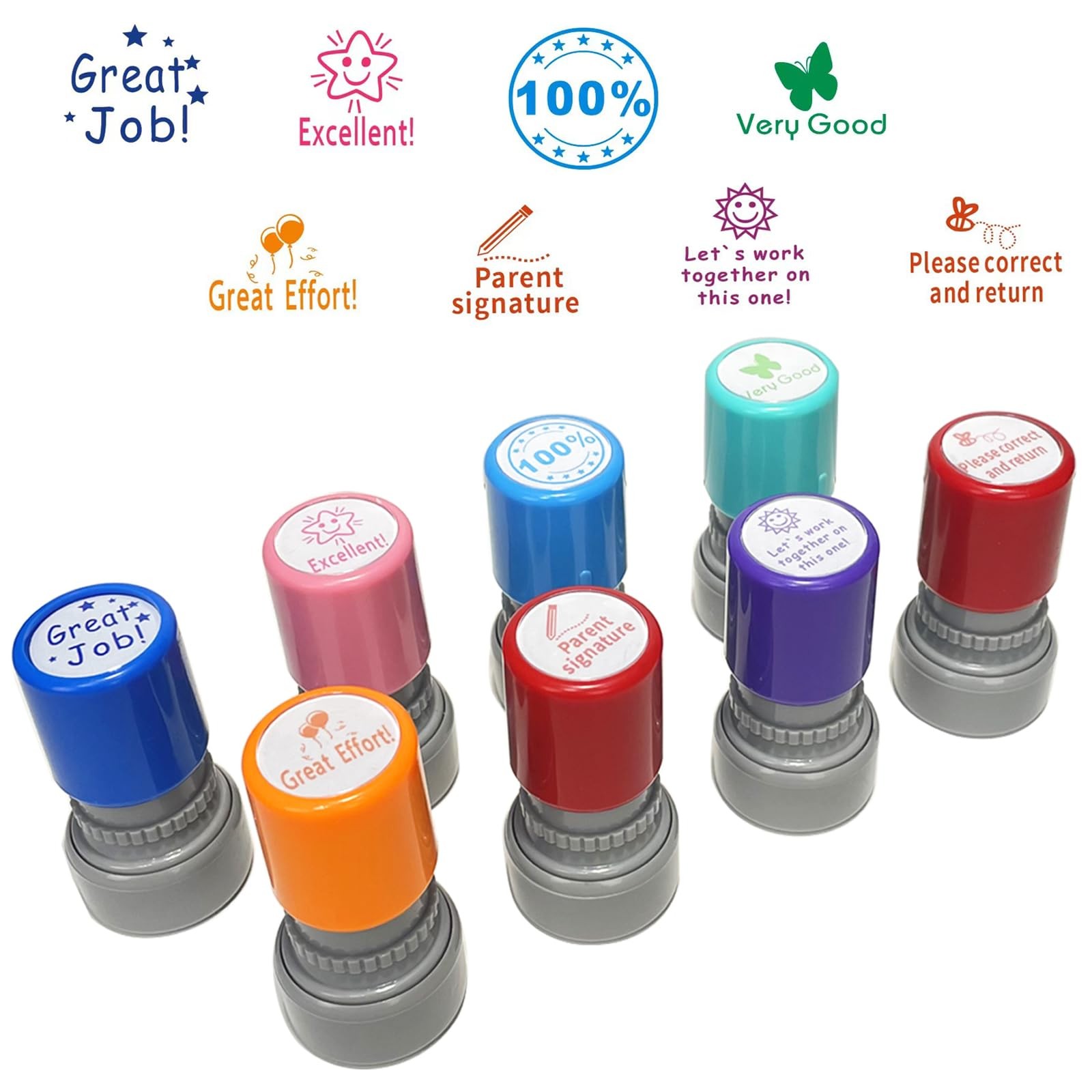 8 PCS Teacher Stamps Set For Classroom Self Inking Rubber Grading Homework
