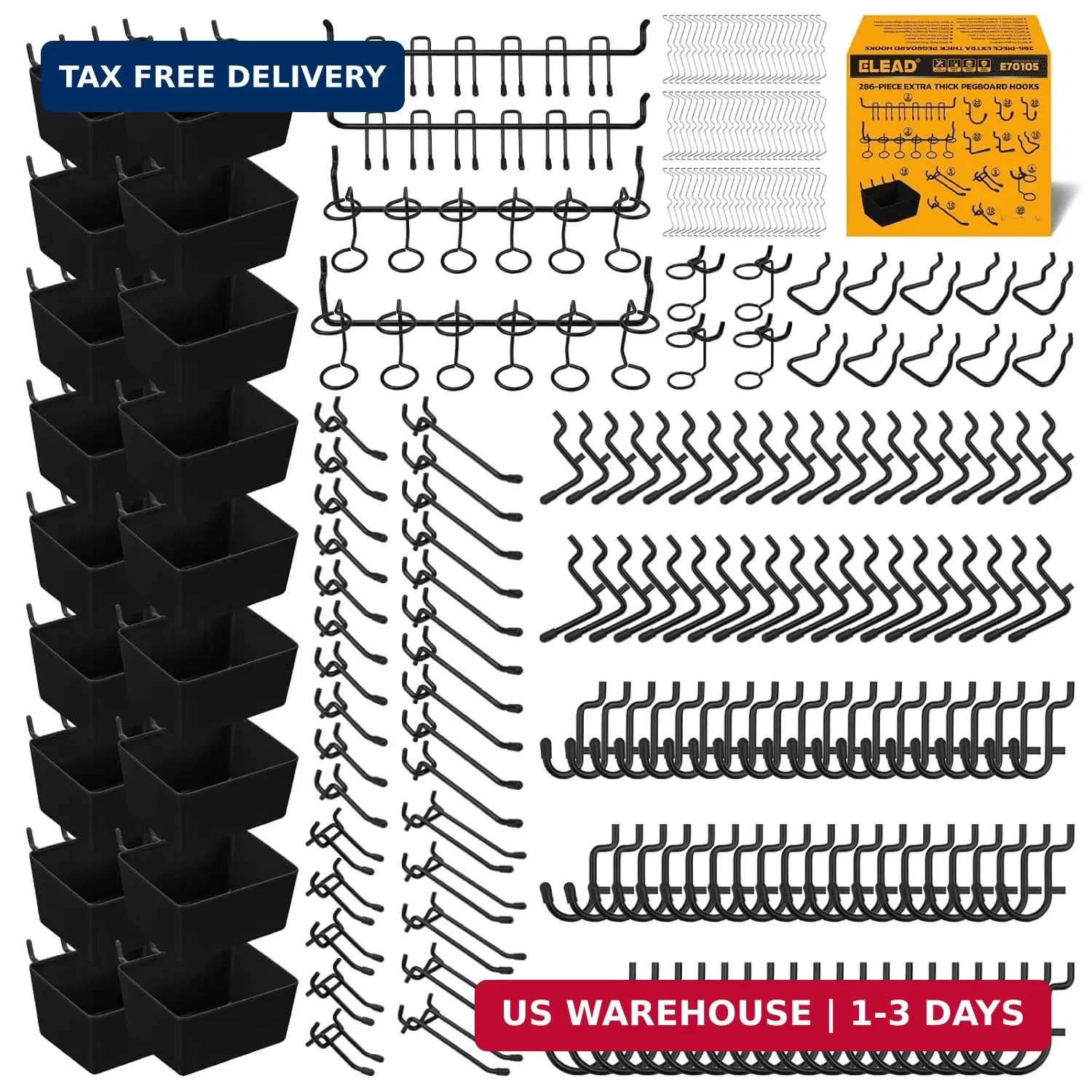 ELEAD 286-Piece Extra Thick Pegboard Hooks Set, 1/4" Heavy Duty Black Peg Board