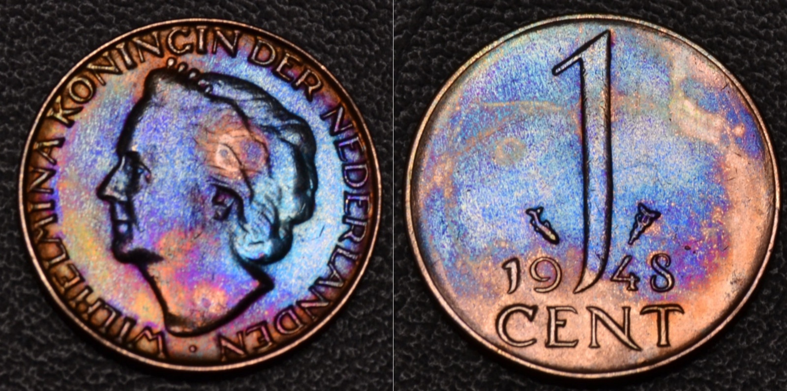 1948 Netherlands 1 Cent GORGEOUS BLUE AND PURPLE TONING XF+ DETAILS (L34-34)