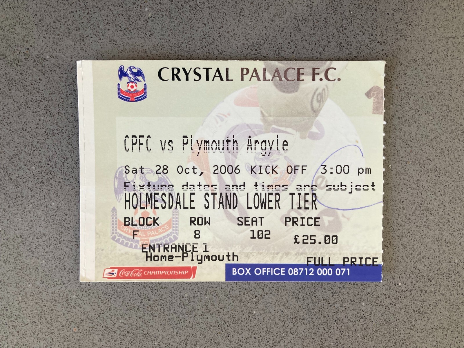 Crystal Palace v Plymouth Argyle 2006-07 Match Ticket