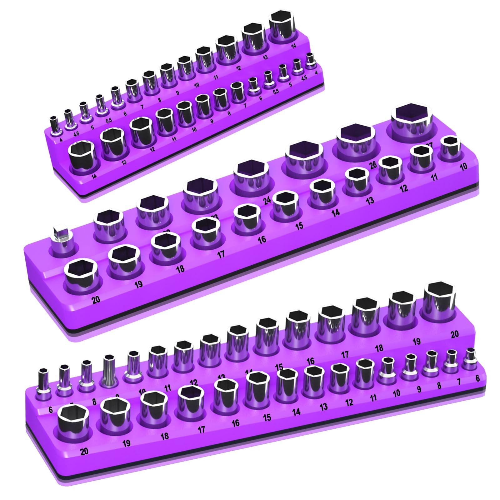 Magnetic Socket Organizer Set, 3Piece Socket Holder Trays for 1/4" 3/8" 1/2" ...
