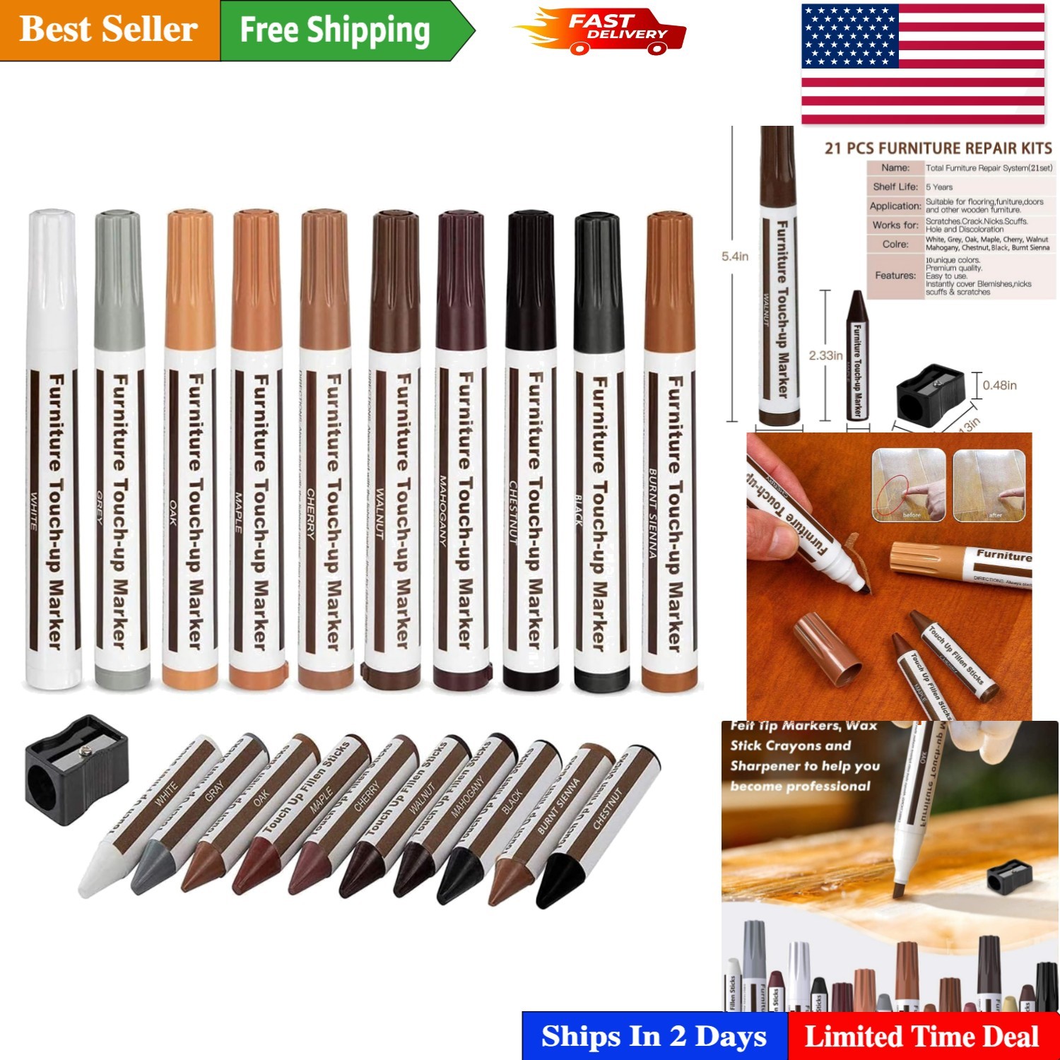 Quick Dry Furniture Scratch Repair Kit: 21 Markers & Wax Sticks for DIY Repair