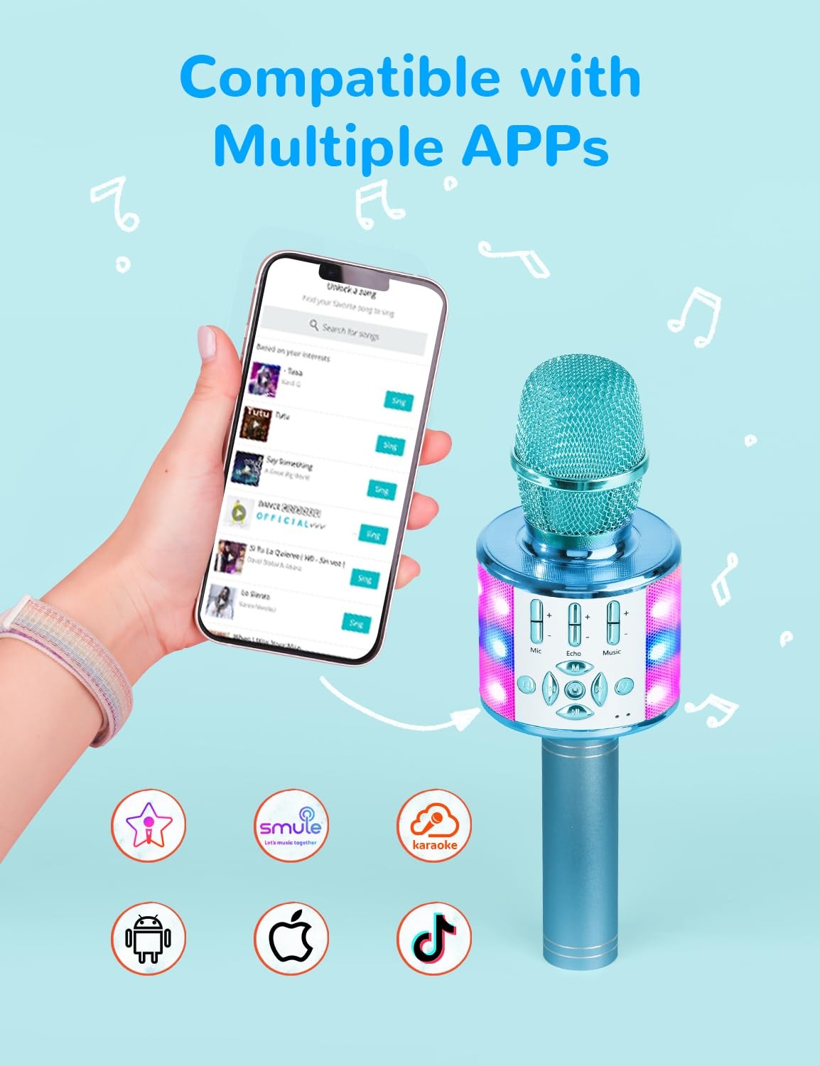 Kids Karaoke Microphone Bluetooth with LED Light Toy Gift for Children Blue