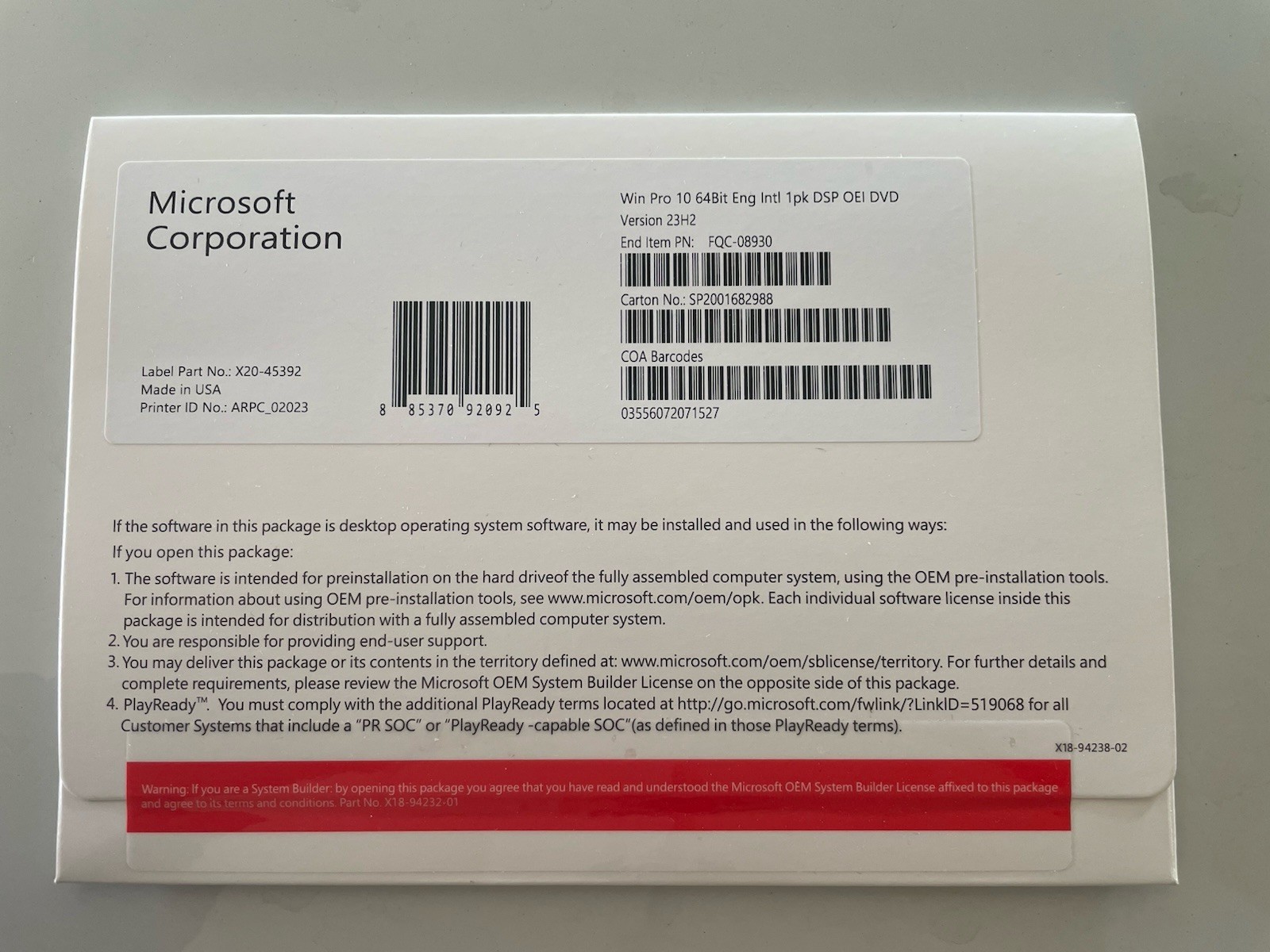 Win 10 Pro 64 bit DVD with Product License Key New Sealed