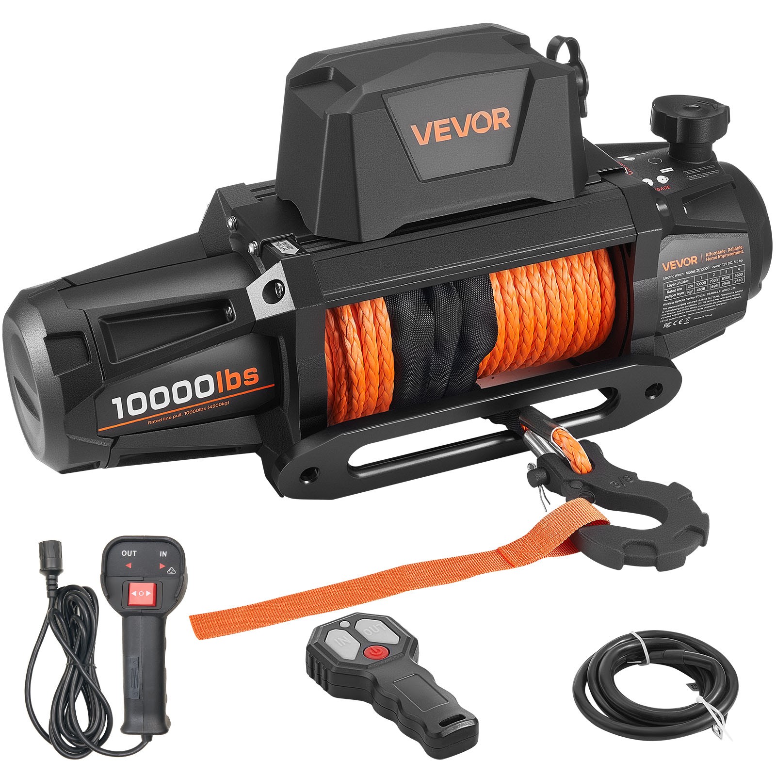 VEVOR Electric Winch 10000 lbs 12V Truck Winch with 90 ft Synthetic Rope