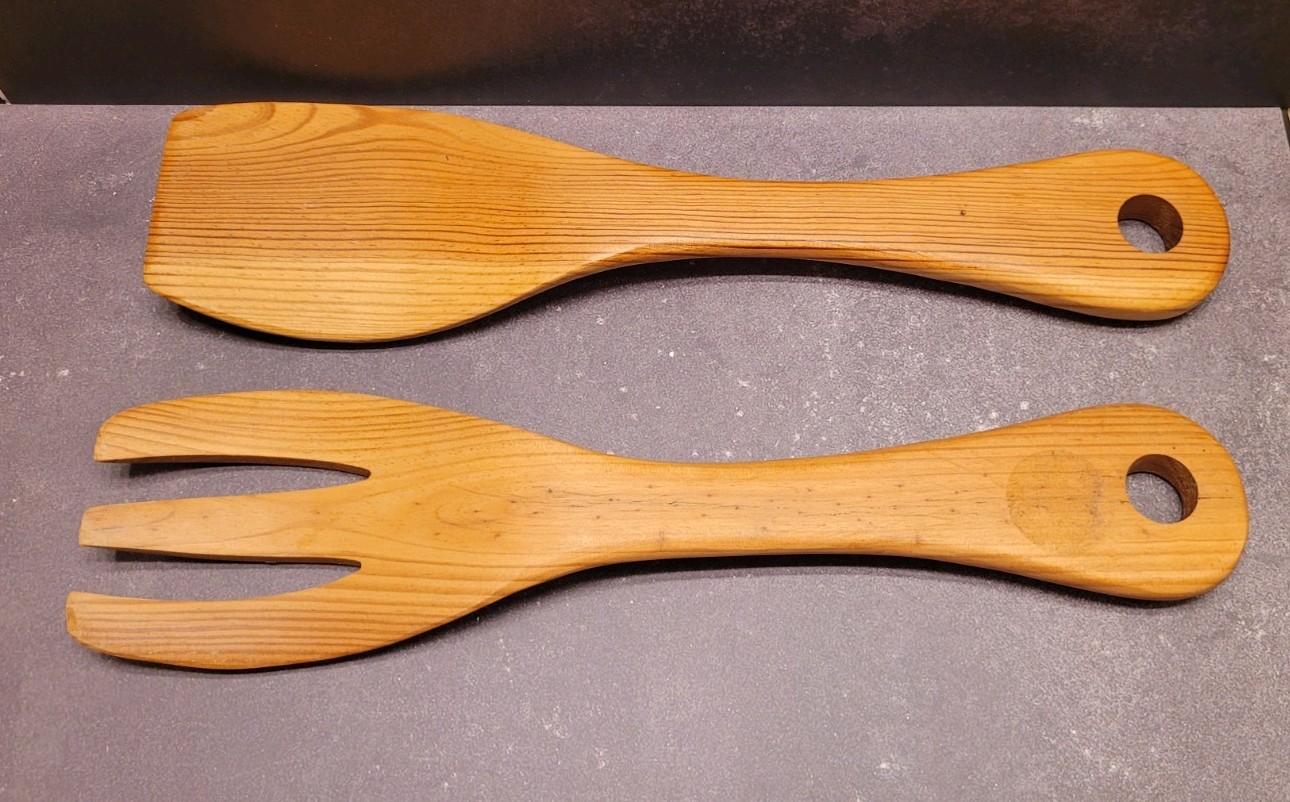 Vintage Wooden Salad Serving Fork And Spoon 12" Utensils AS IS