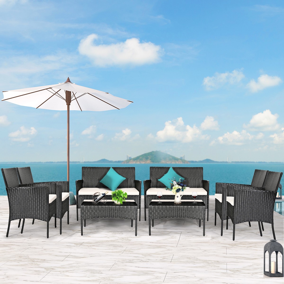 Patiojoy 8PCS Rattan Furniture Set Cushioned Sofa Coffee Table Backyard Balcony