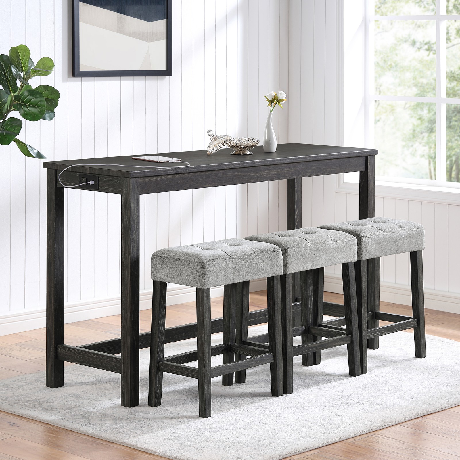 Bar Table Set w/ Power Outlet 4pcs Dining Table Industrial Breakfast Table