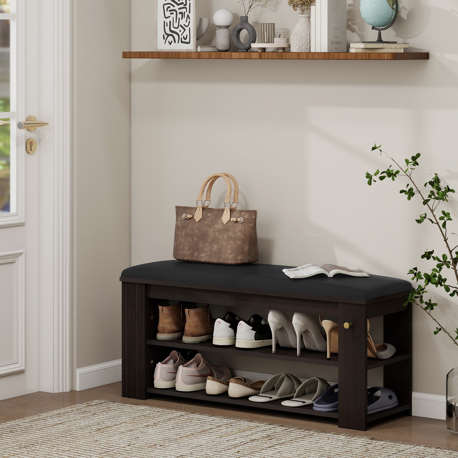 Entryway Bench with Storage and Hooks - PU Leather Ottoman Shoe Rack for Hallway