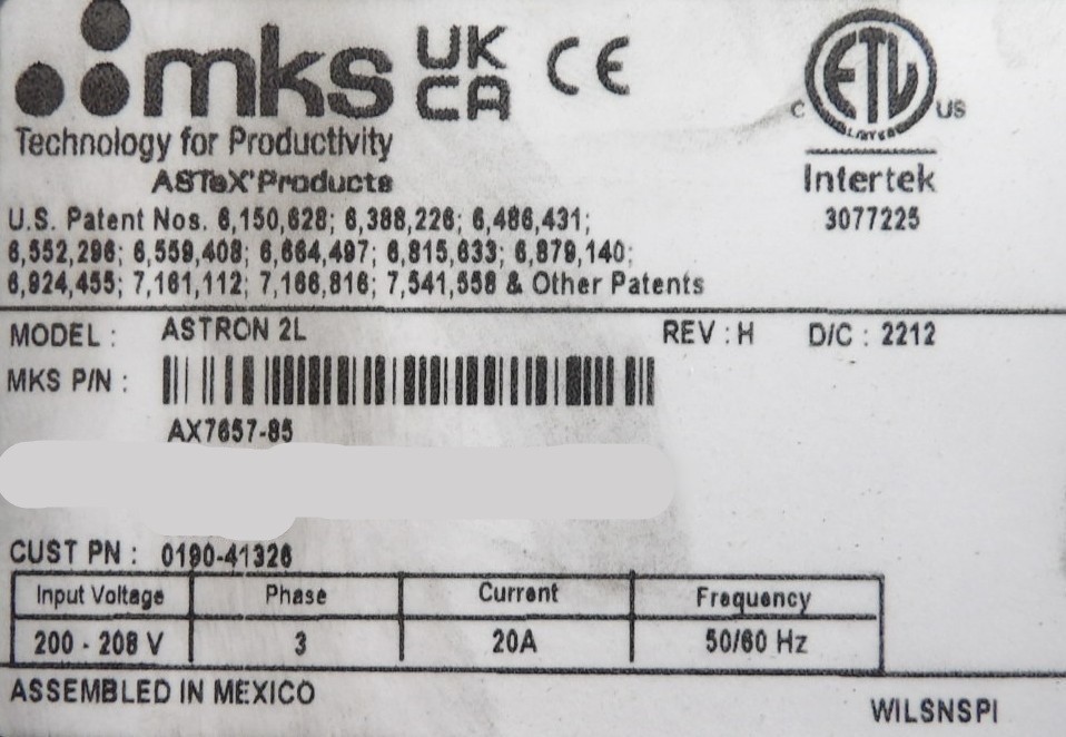 ASTRON 2L MKS Instruments AX7657-85 RPS Remote Plasma Source Tested 12 Hours New