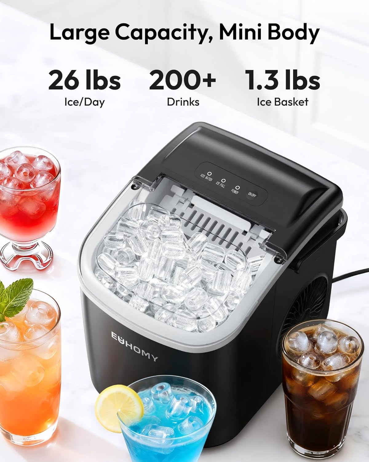 Portable Ice Maker – 6-Min Countertop Machine, 26 lbs/Day, Self Clean