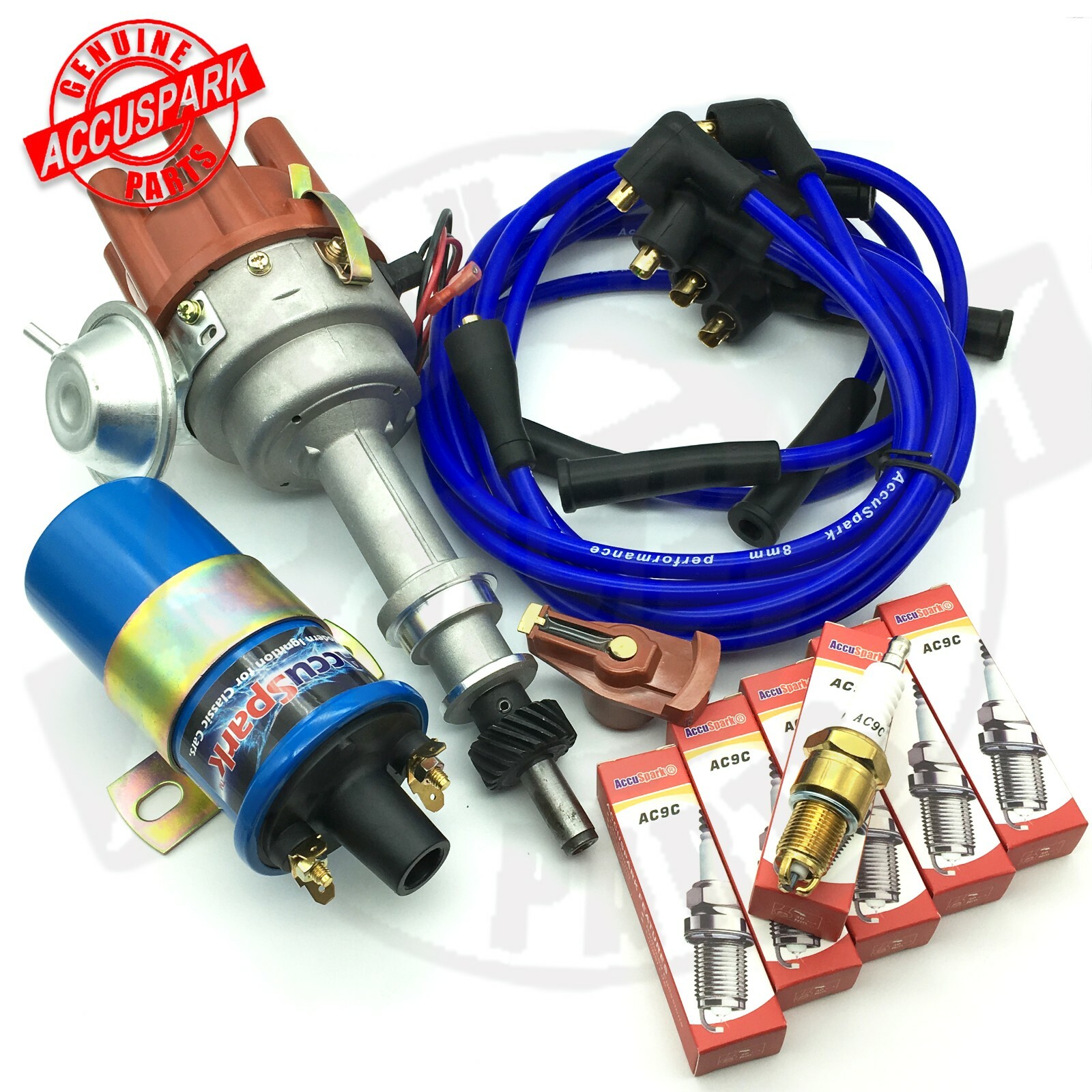 Ford V6 Cologne Distributor , Blue coil , Blue leads , AC9C plugs X 6 Accuspark