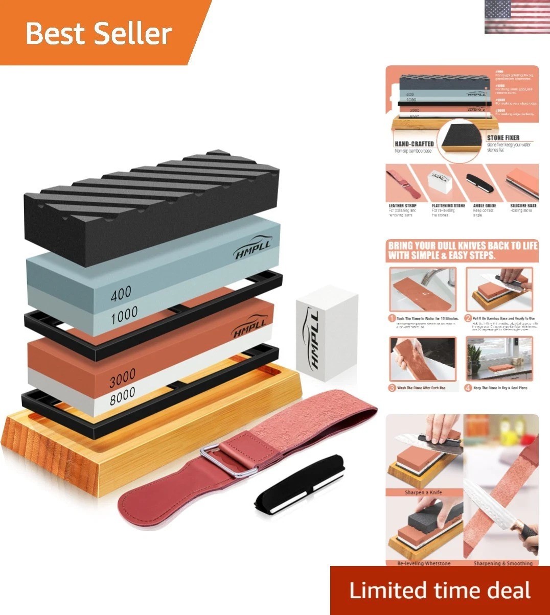 Professional 4-Sided Knife Sharpening Stone Set: Grit 400/1000 & 3000/8000