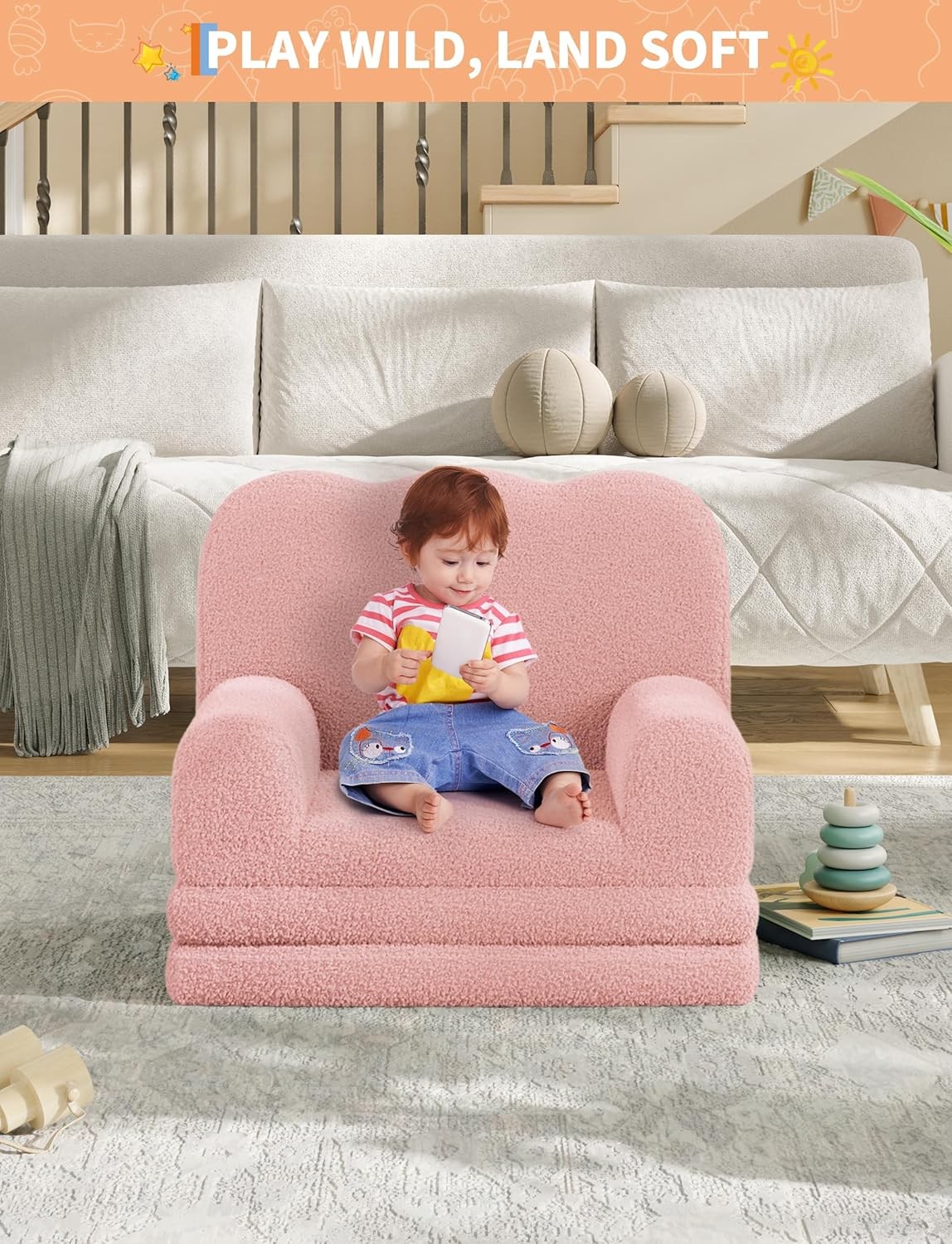 Kids Couch, Folding Sofa Bed, Kids Girls Chair, Fold Out Chair to Lounger Pink