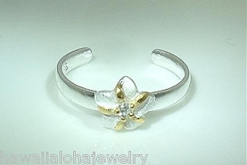 7MM 2-TONE YELLOW GOLD PLATED 925 SILVER HAWAIIAN PLUMERIA FLOWER CZ TOE RING