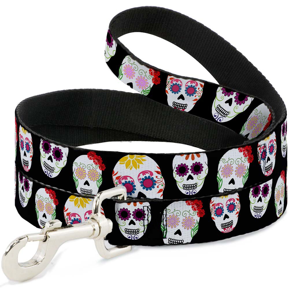 Dog Leash Staggered Sugar Skulls Black/Multi Color NARROW 0.5"
