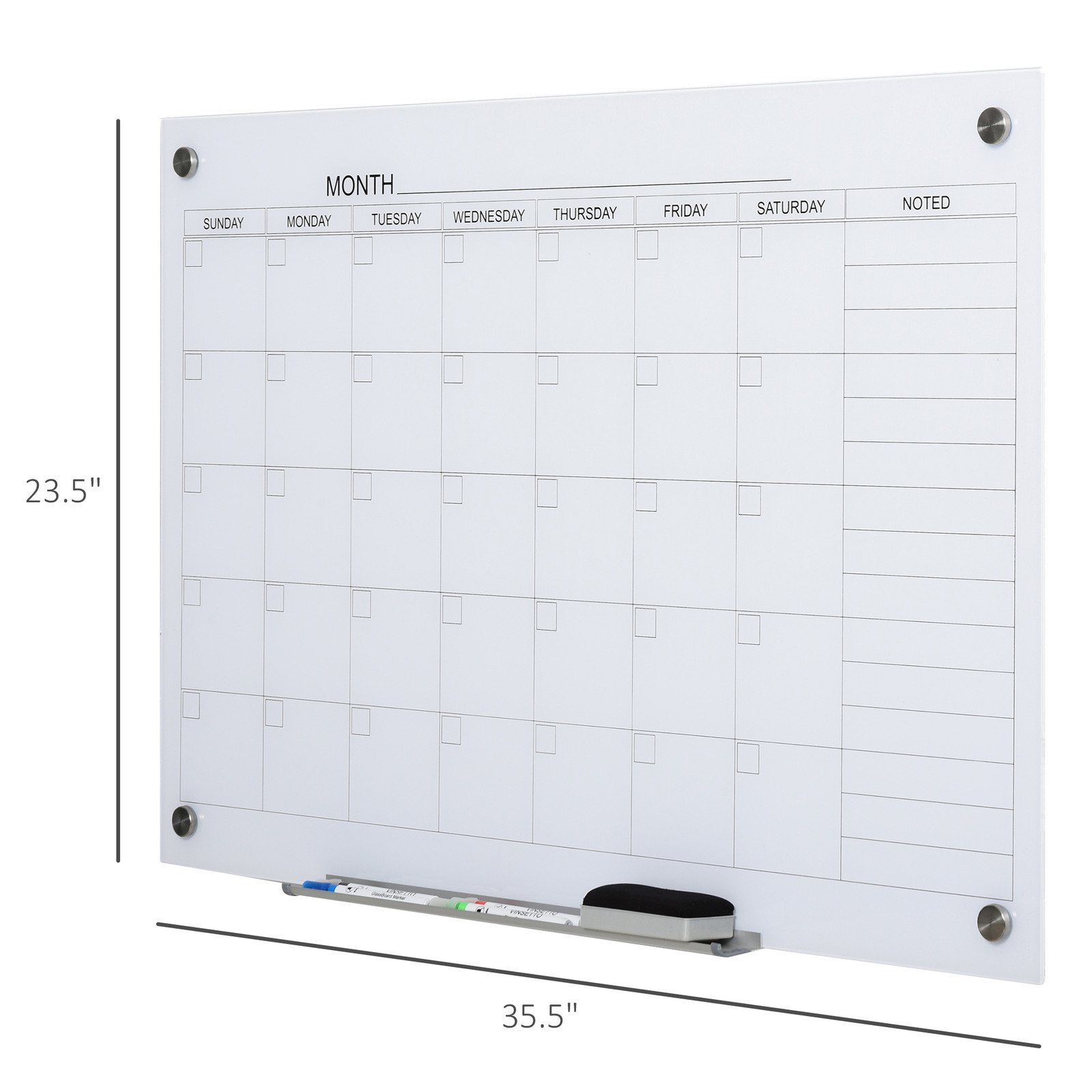 Wall Mounted Glass Organizational Daily Activity Board w/Markers and Dry Eraser