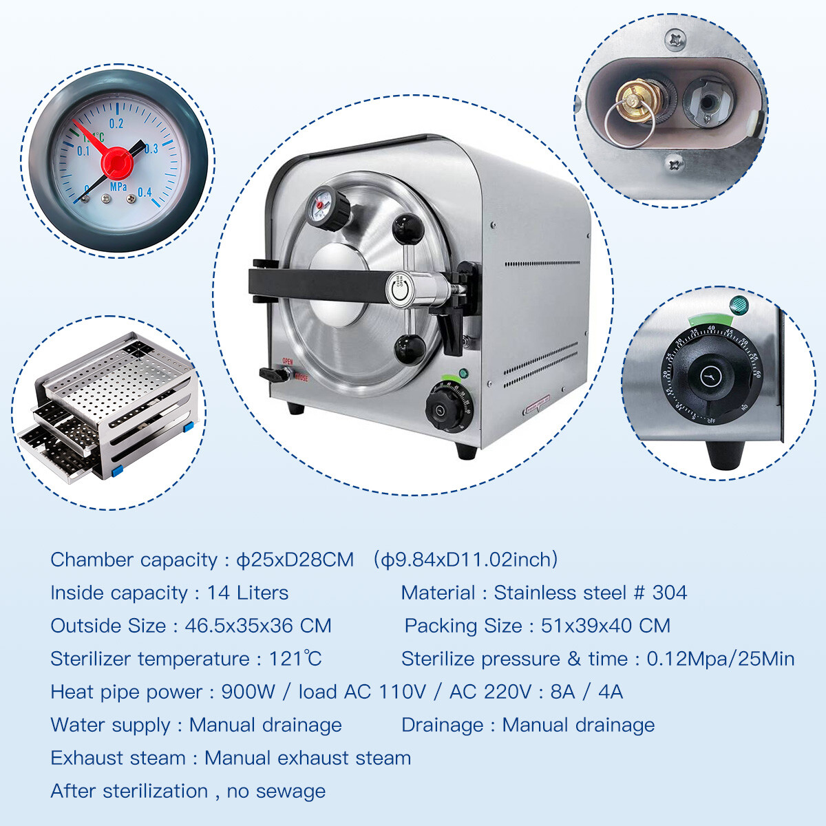 Medical Dental Autoclave Vacuum Steam Sterilizer with Printer/Drying Function