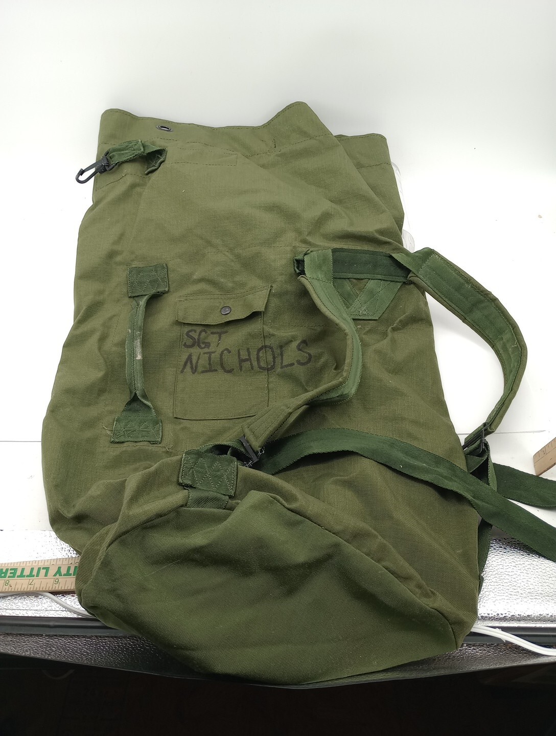 Vtg Military Duffle Bag US Canvas Army Green Carryall Sack Name Sgt Nichols