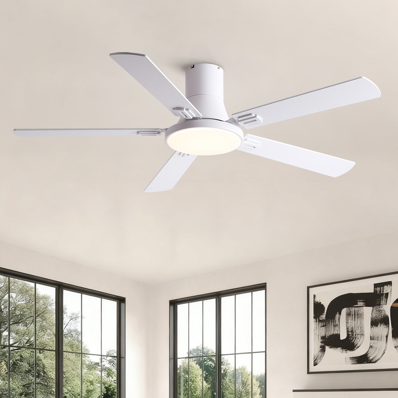 52" White Ceiling Fan with Light and Remote Control, 6-Speed DC Motor