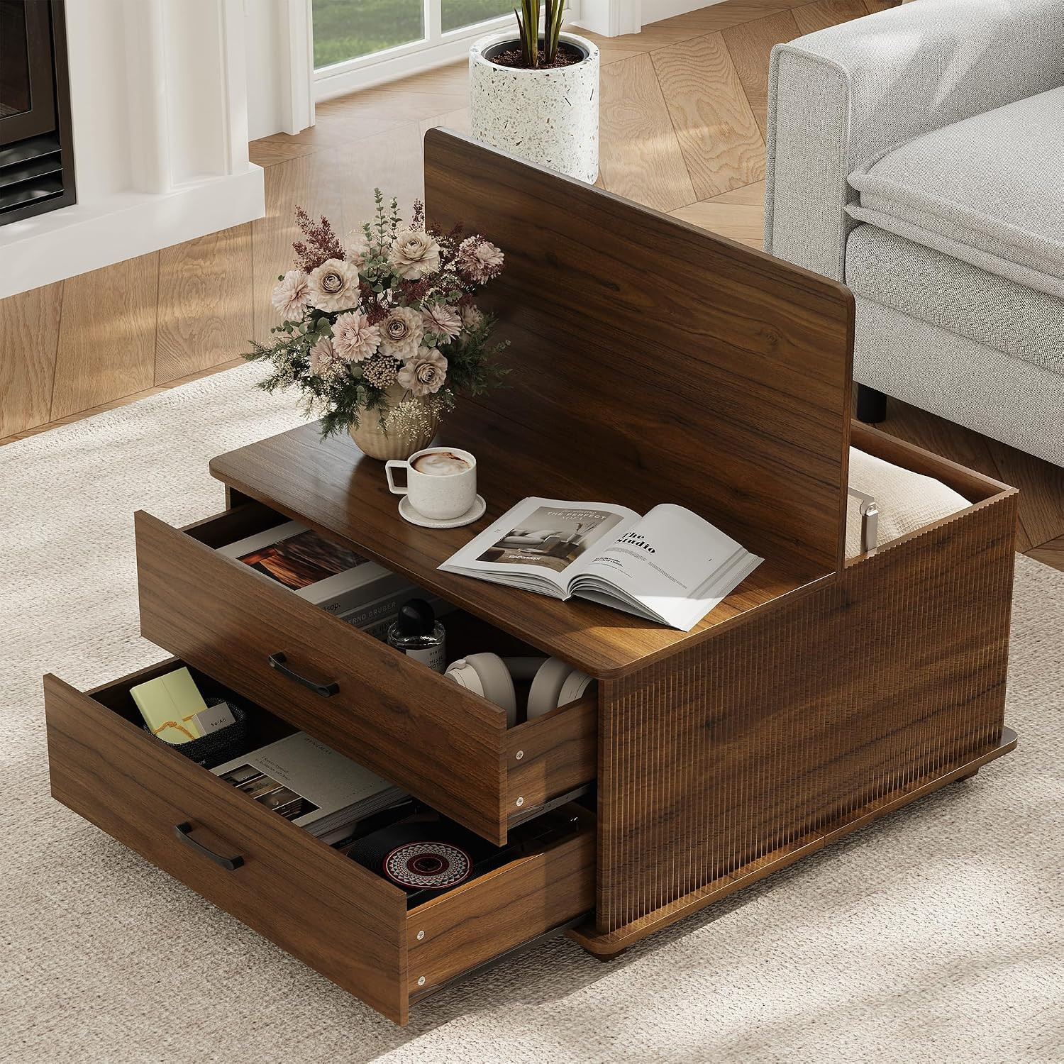 Storage Coffee Table with 2 Drawers & Flip-Top Lid with Hidden Storage, Modern F