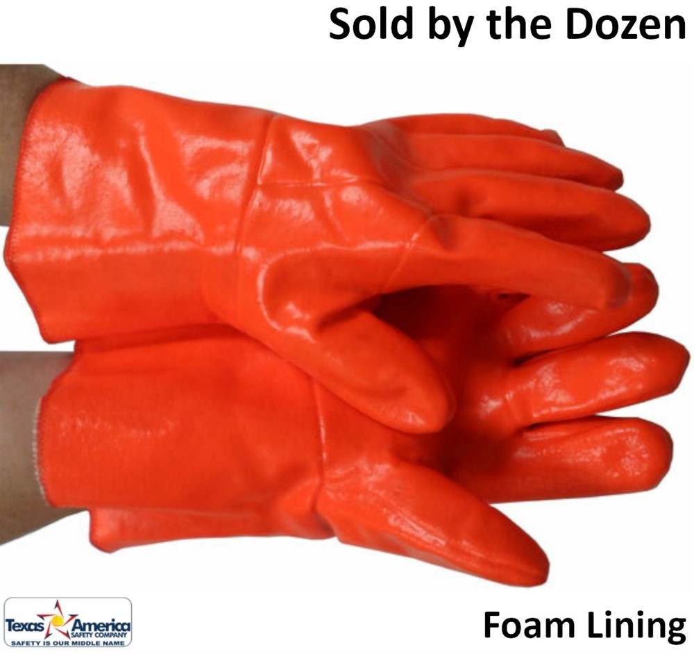 Orange PVC Gloves with Foam Lining,12 Inch (Sold by Dozen) Men's Size