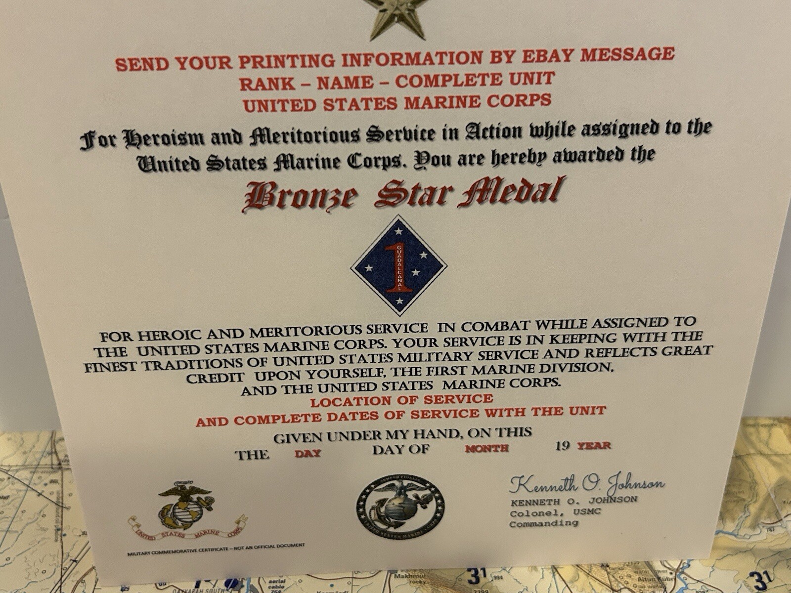 U.S.M.C. / BRONZE STAR MEDAL CERTIFICATE - 1ST MARINE DIVISION
