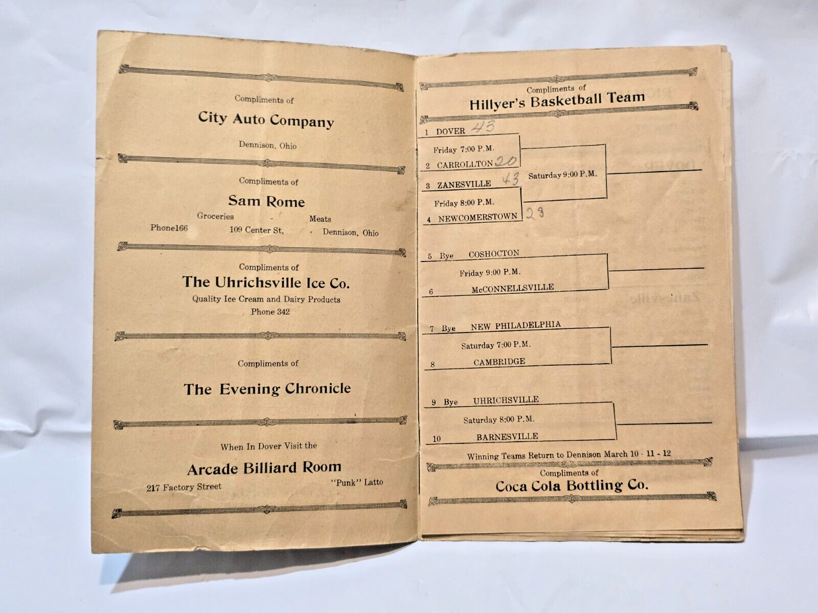 1938 Dennison Ohio Class A Sectional Tournament State HS Basketball Program