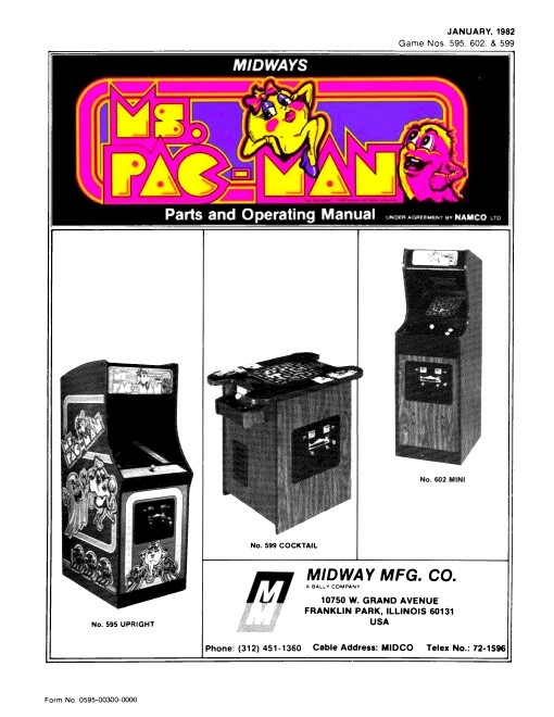 Ms Pac-Man Game Operations/Service/Repair/Troubleshoot Manual Mrs PacMan Midway