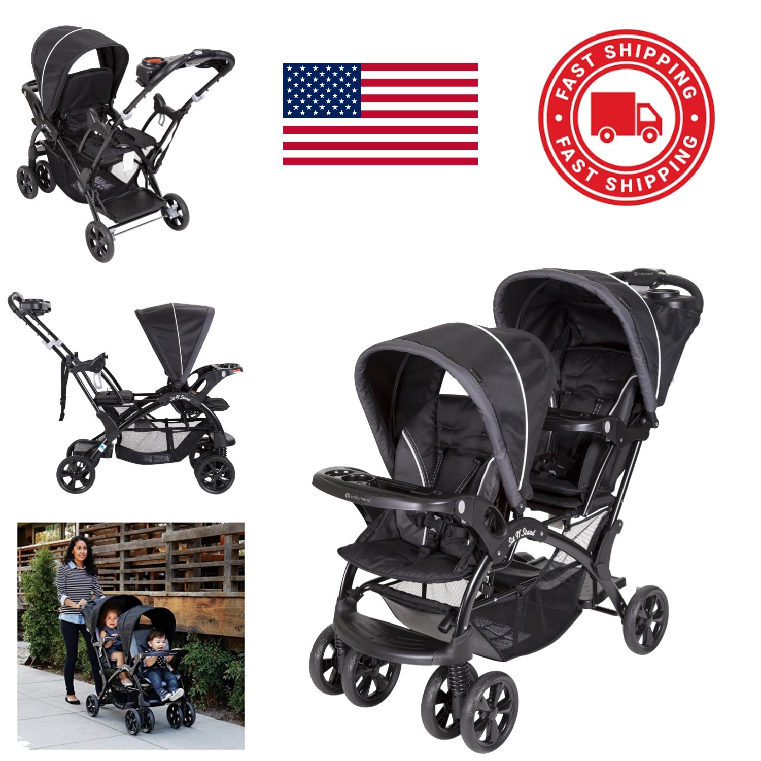 Sit N Stand Stroller 34 Pound Weight Capacity with Parent Tray and Cup Holders