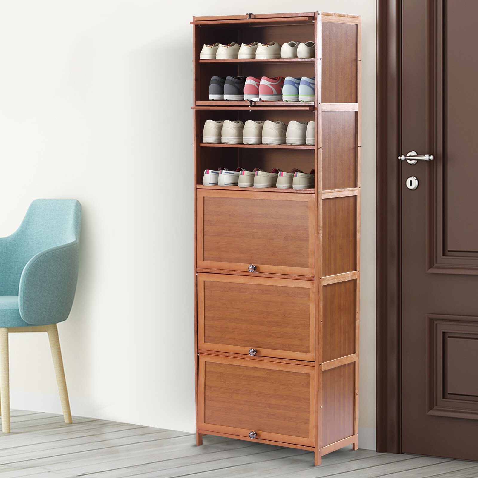11 Tier Shoe Storage Rack Bookshelf with Cabinet Concealed Sliding Doors