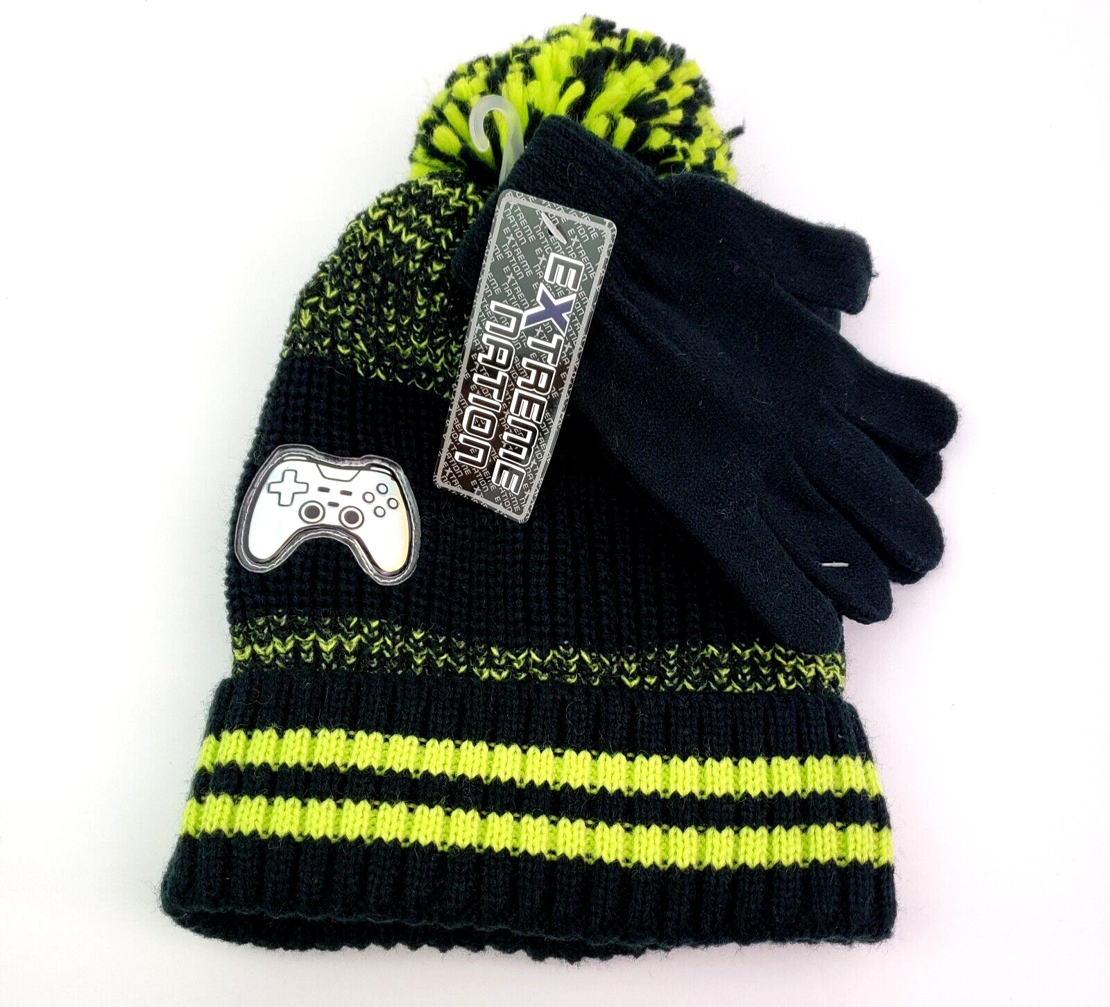Extreme Nation Youth Boys OS Black Green Video Game Knit Beanie Hat Gloves Set