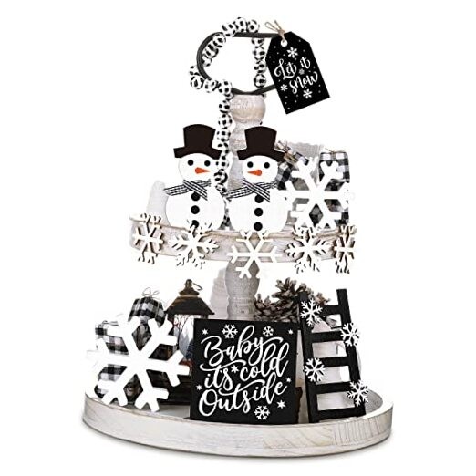 12 Pieces Christmas Winter Tiered Tray Decor Set Snowman Style Black White