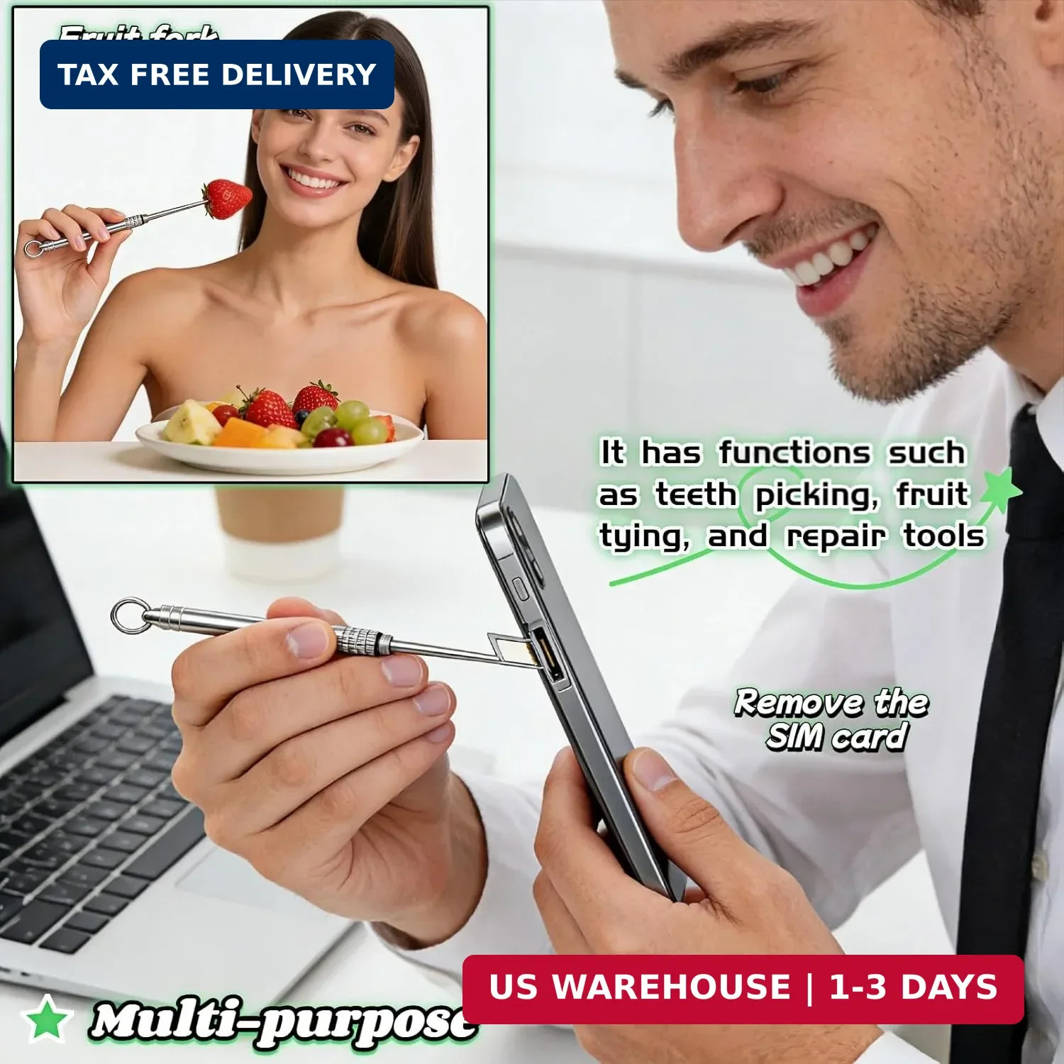 Portable Titanium Toothpick, Multi-Functional Reusable Stainless Steel Silver