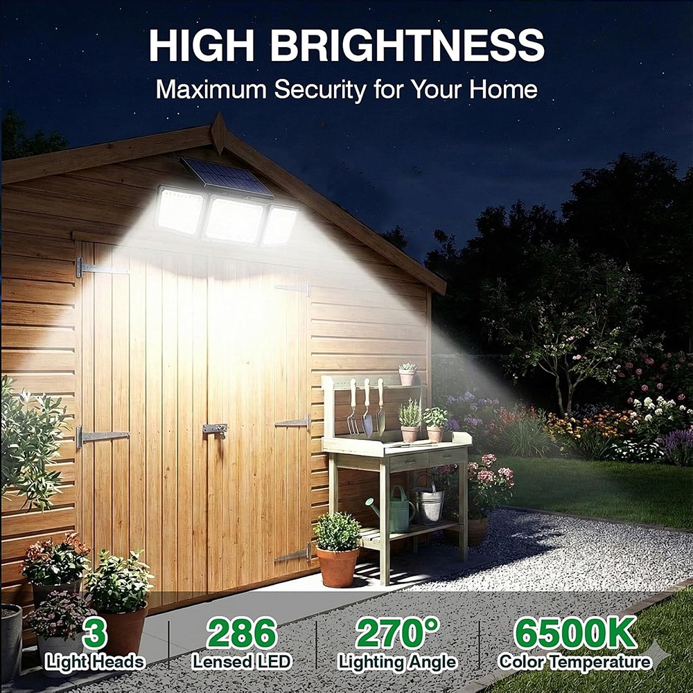 2 Pack Solar Security Light Outdoor 3 head 6500K 3000LM LED Motion Sensor IP65