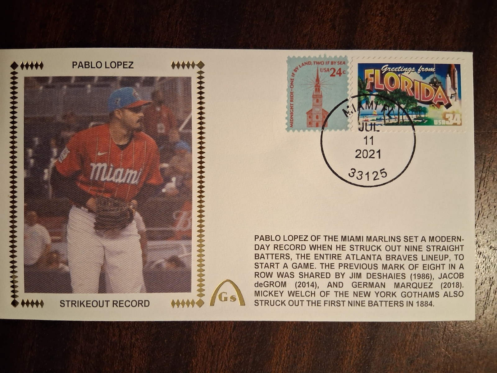 Pablo Lopez Strikeout Record Unsigned Gateway Cachet FDC FDI Cover