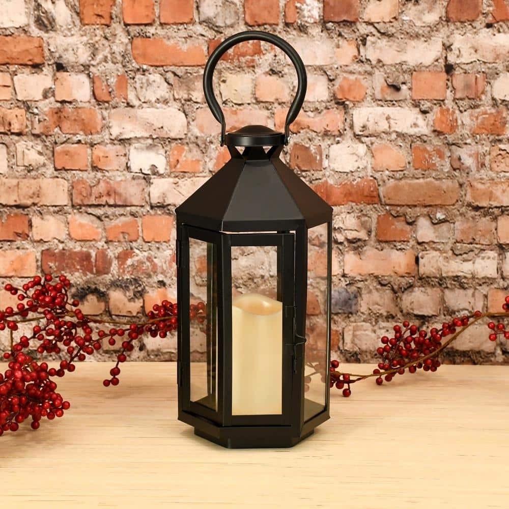 6 In. X 12 In. Hexagon Metal Lantern with LED Candle