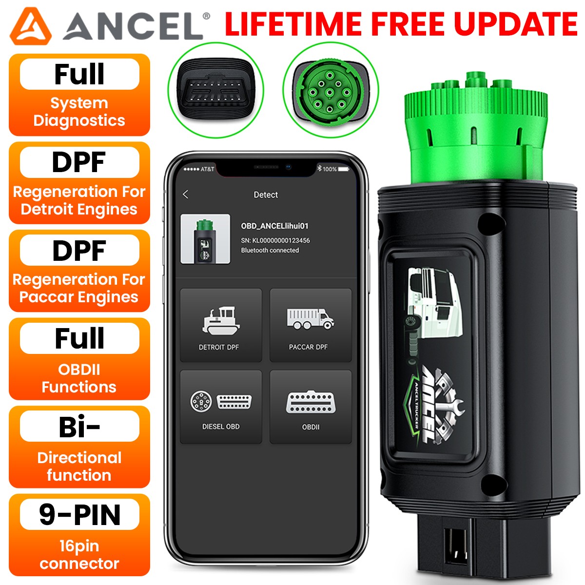 ANCEL HD110 Heavy Duty Truck Scanner DPF Regen Reset for Detroit Paccar Engine