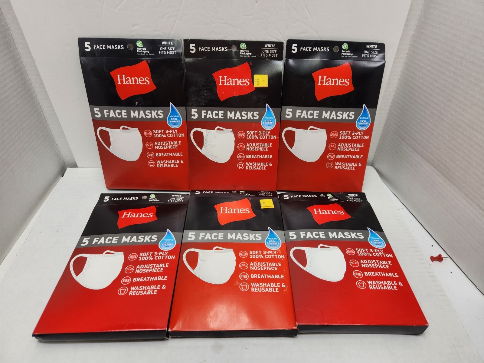 6 Pks 30 Total-- HANES Face Masks White Cotton Reusable, Wicking Cool Cloth